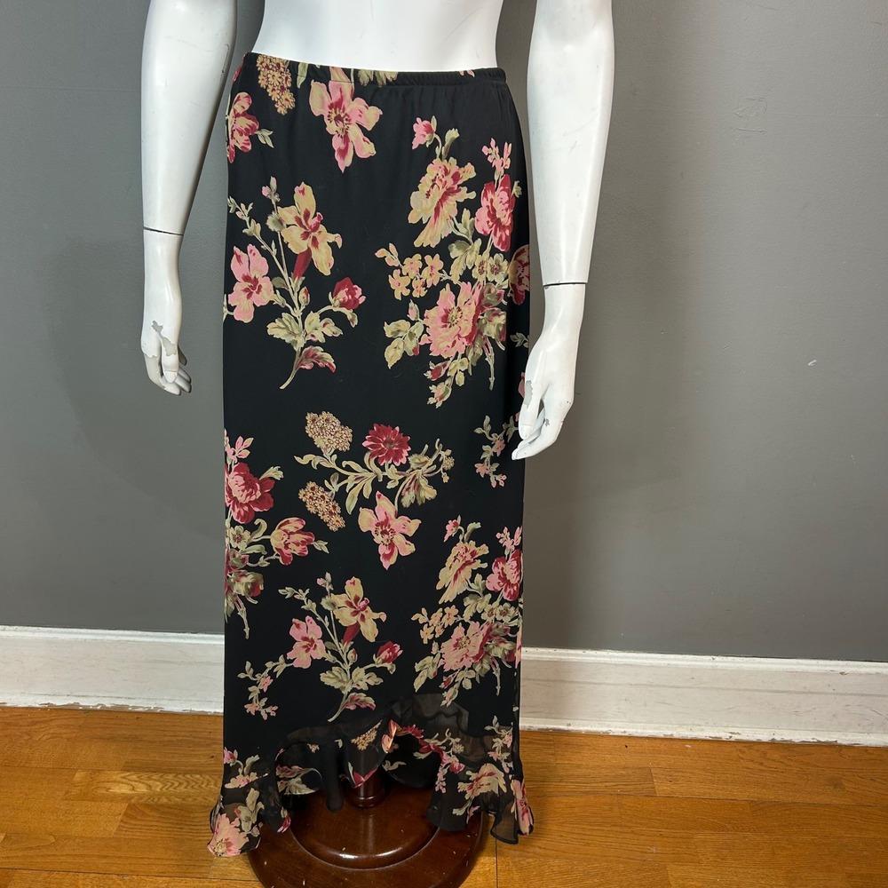 VTG 90s Floral Fairy Maxi Skirt size 14 W Black Pink Ruffle Cottagecore Prairie